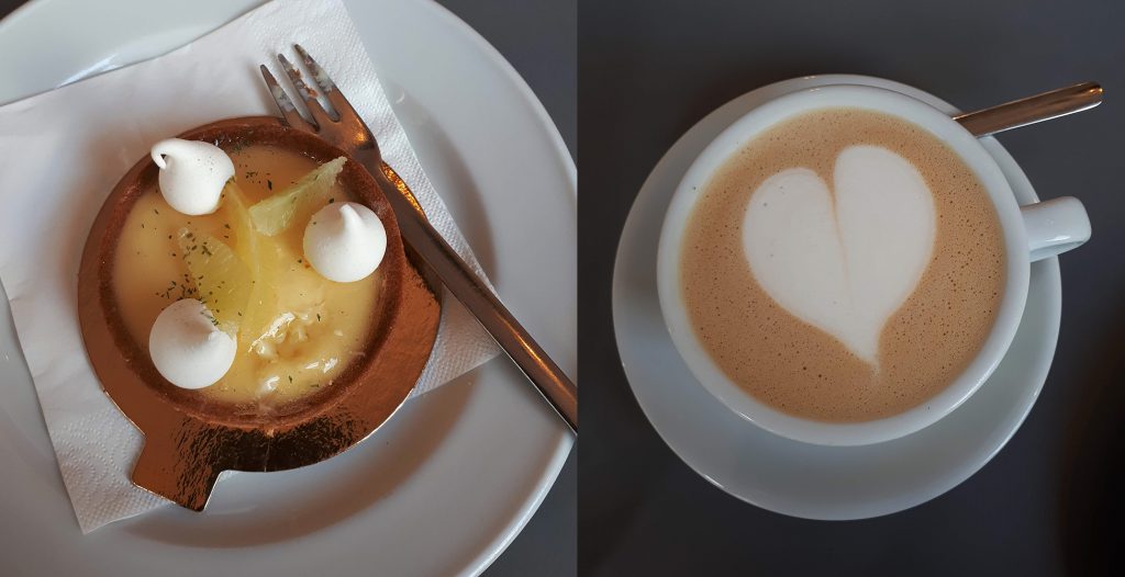 Tartelette und Cappuchino im Milch Feinkost